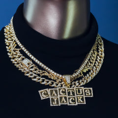 Cactus Letter Cubes Cz 4 Pcs Set Barb Wire Spike Chain, Tennis Chain & Miami Cuban Chain Bundle Gold PT