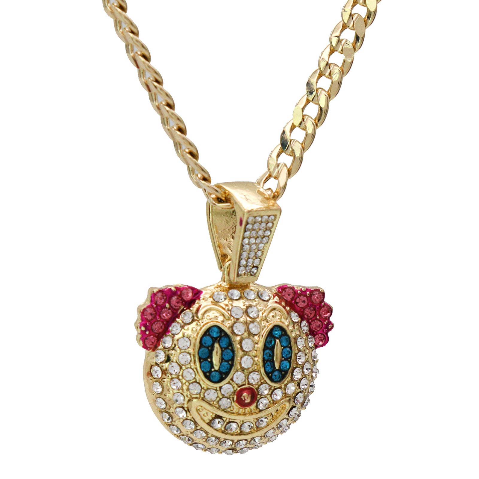 Colorful Fully Iced Clown/Jester 14k Gold PT Pendant 6mm 24" inches Cuban Chain