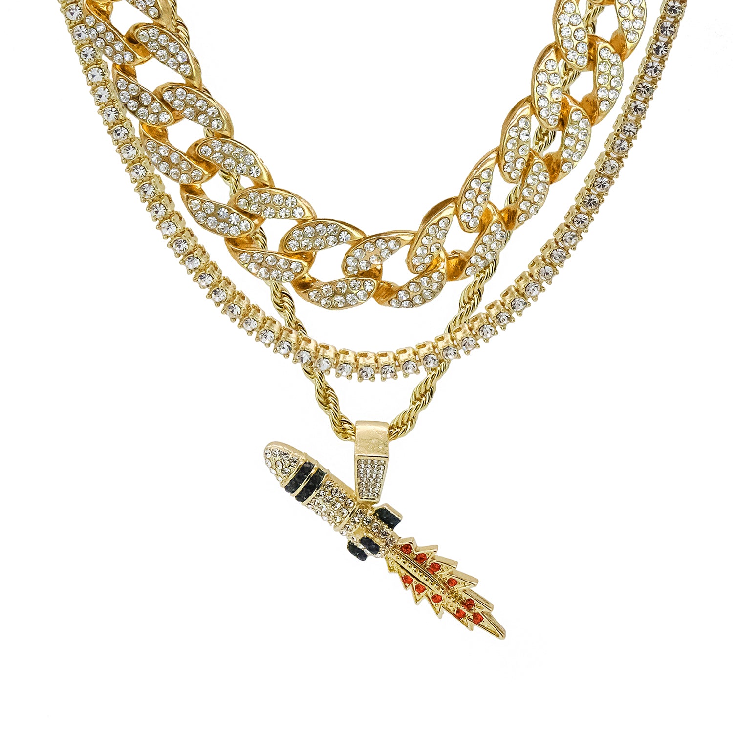 Rocket 4 Pcs Set Cuban, Tennis Clear Cz & Rope Chain Bundle Gold PT