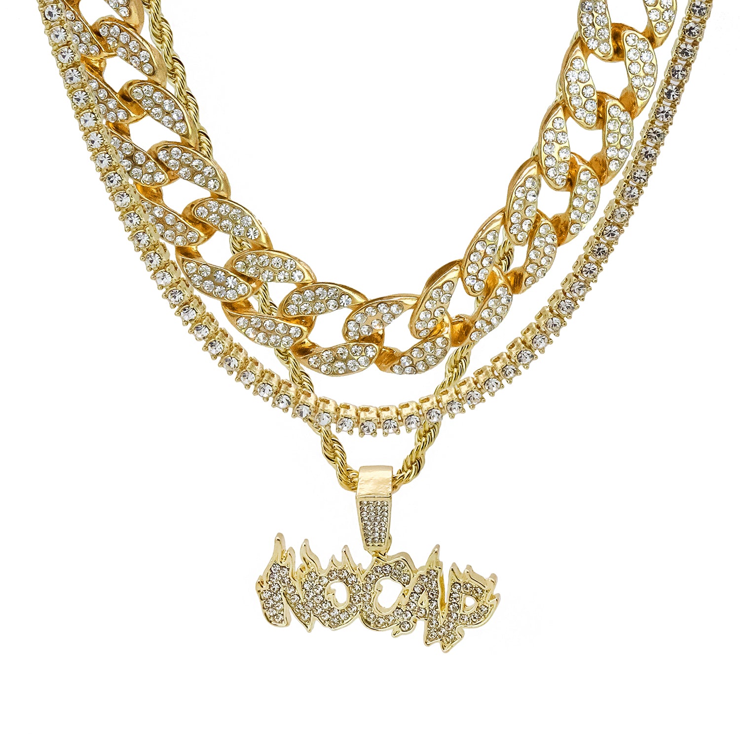 No Cap 4 Pcs Set Cuban, Tennis Clear Cz & Rope Chain Bundle Gold PT