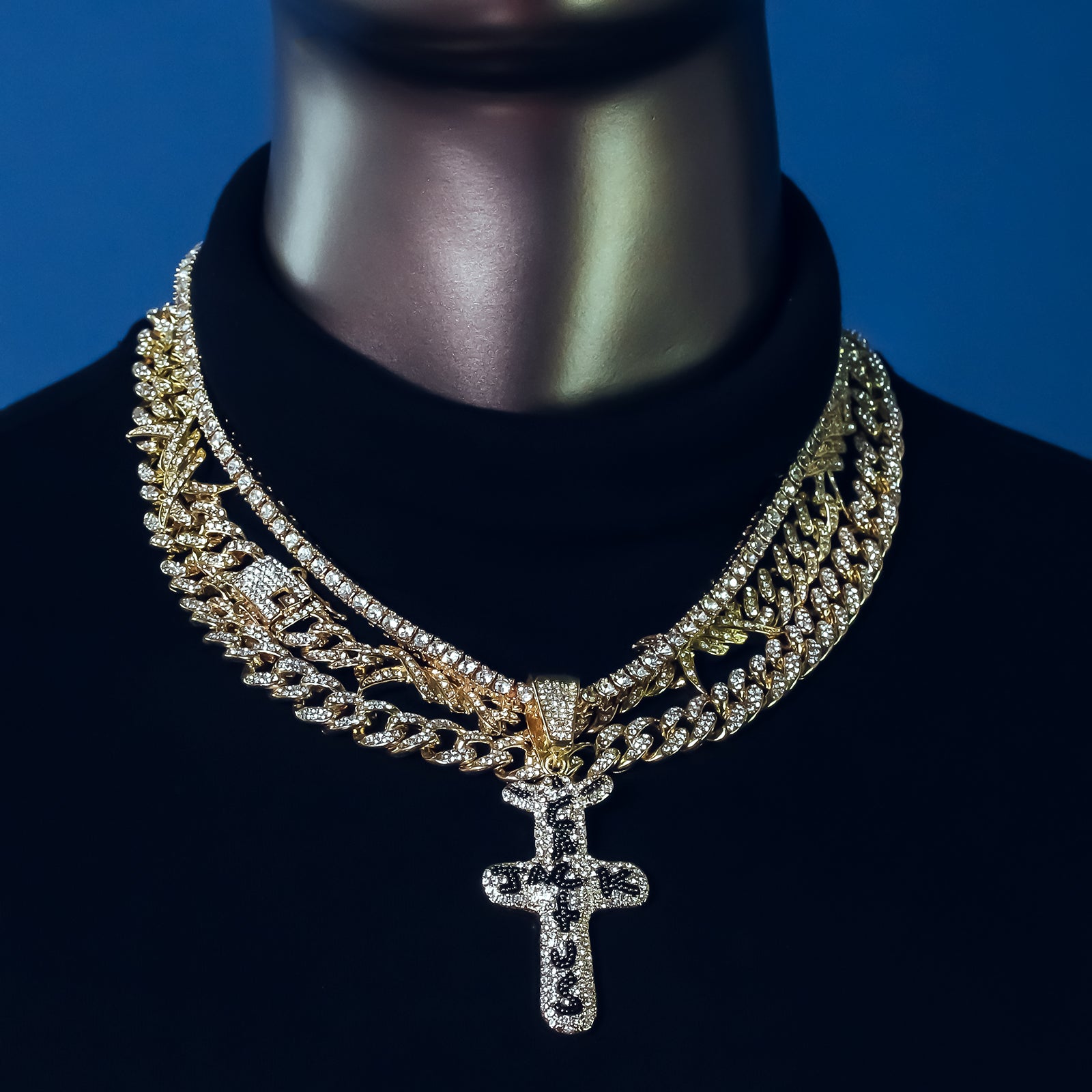 Cactus Cross Cz 4 Pcs Set Barb Wire Spike Chain, Tennis Chain & Miami Cuban Chain Bundle Gold PT