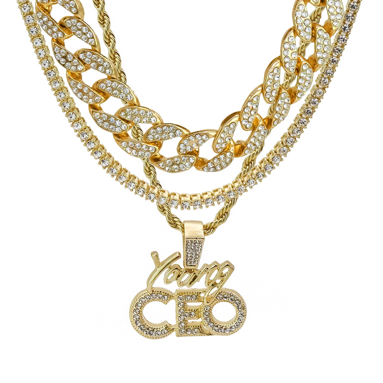 Young CEO 4 Pcs Set Cuban, Tennis Clear Cz & Rope Chain Bundle Gold PT