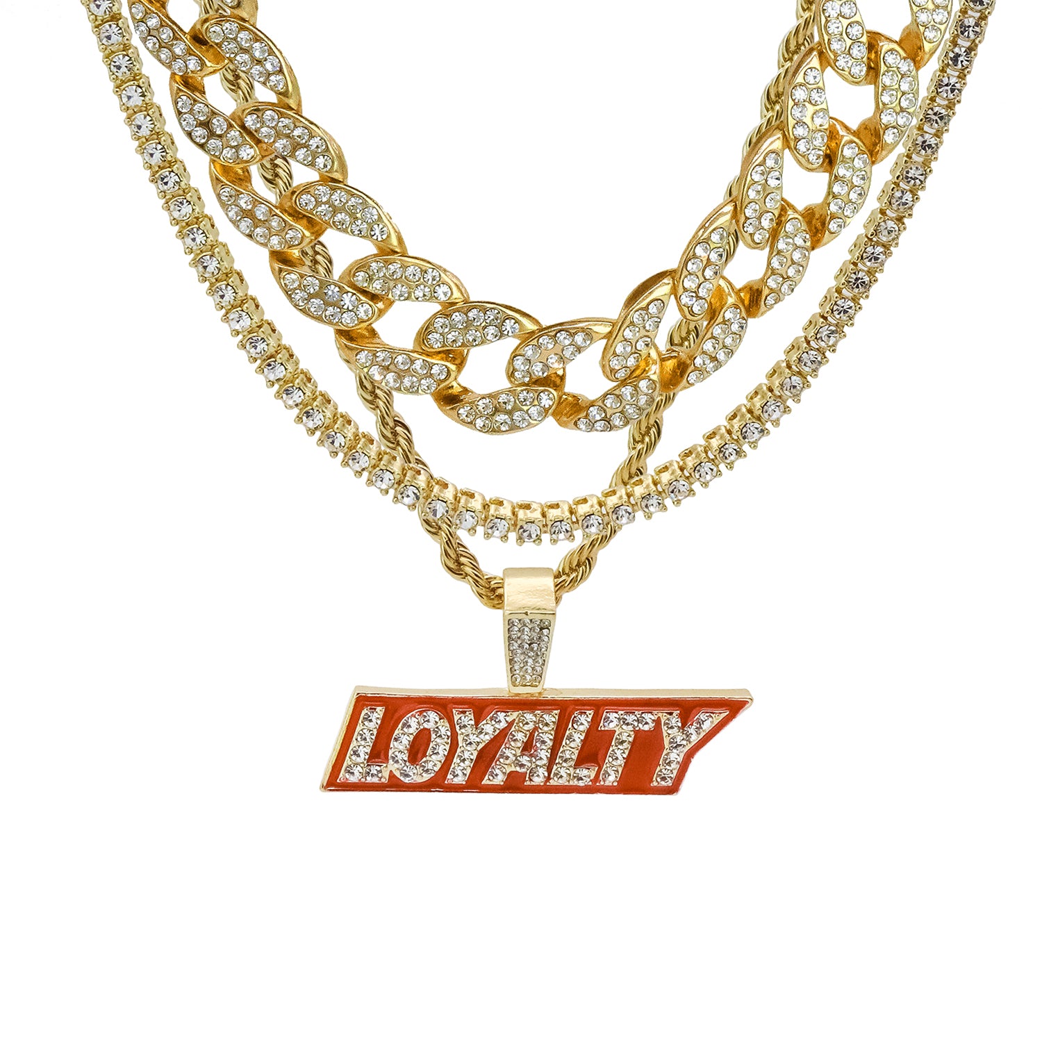 Loyalty 4 Pcs Set Cuban, Tennis Clear Cz & Rope Chain Bundle Gold PT