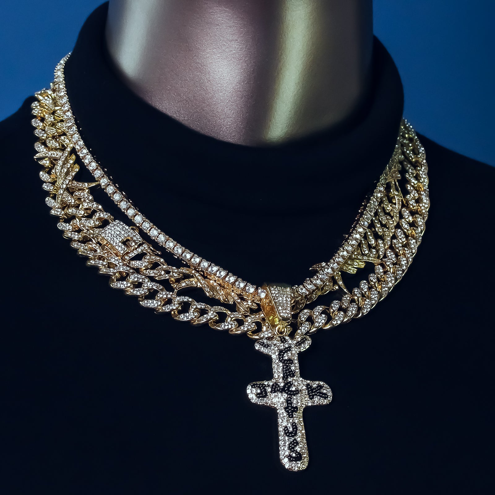 Cactus Cross Cz 4 Pcs Set Barb Wire Spike Chain, Tennis Chain & Miami Cuban Chain Bundle Gold PT