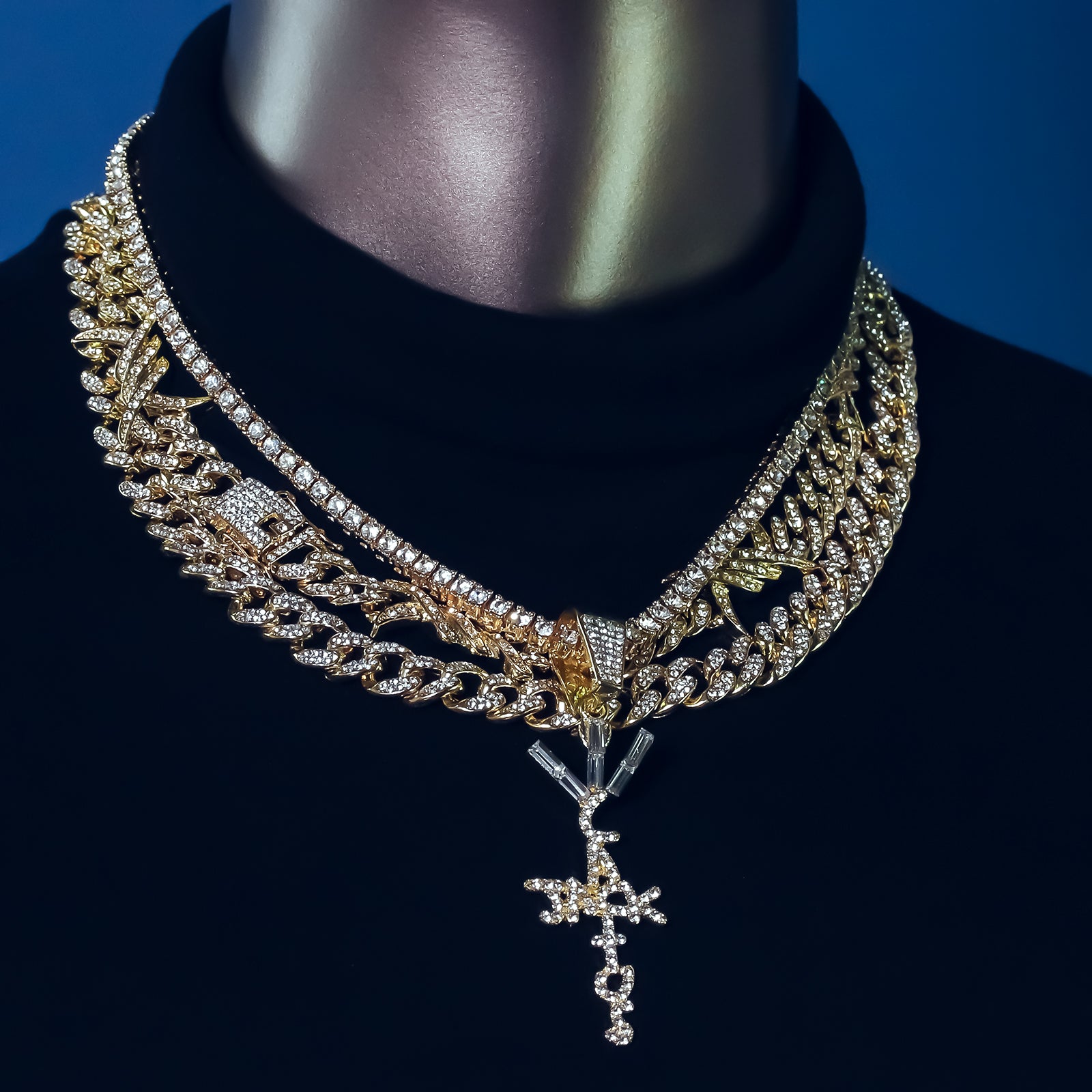 Cactus Letter Cross Cz 4 Pcs Set Barb Wire Spike Chain, Tennis Chain & Miami Cuban Chain Bundle Gold PT