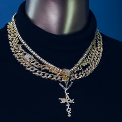 Cactus Letter Cross Cz 4 Pcs Set Barb Wire Spike Chain, Tennis Chain & Miami Cuban Chain Bundle Gold PT