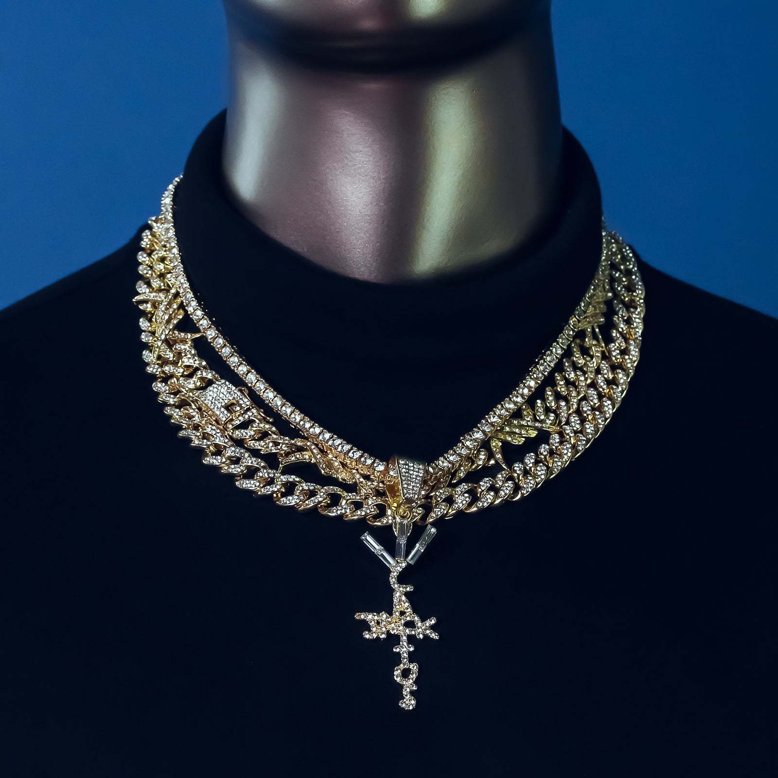 Cactus Letter Cross Cz 4 Pcs Set Barb Wire Spike Chain, Tennis Chain & Miami Cuban Chain Bundle Gold PT
