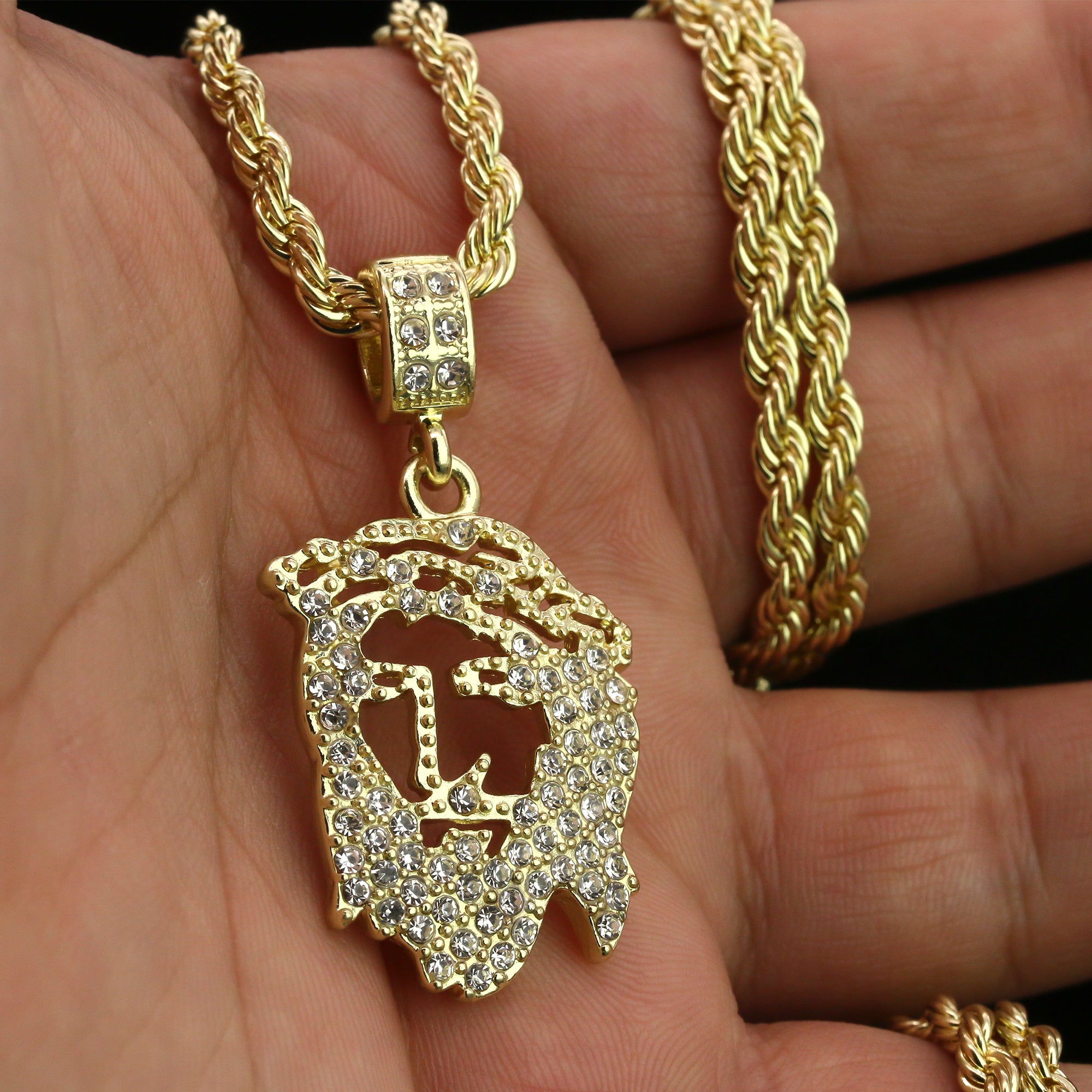Fully Cz Hollow Jesus Face Pendant 24 Rope Chain Hip Hop 18k Jewelry Necklace JT