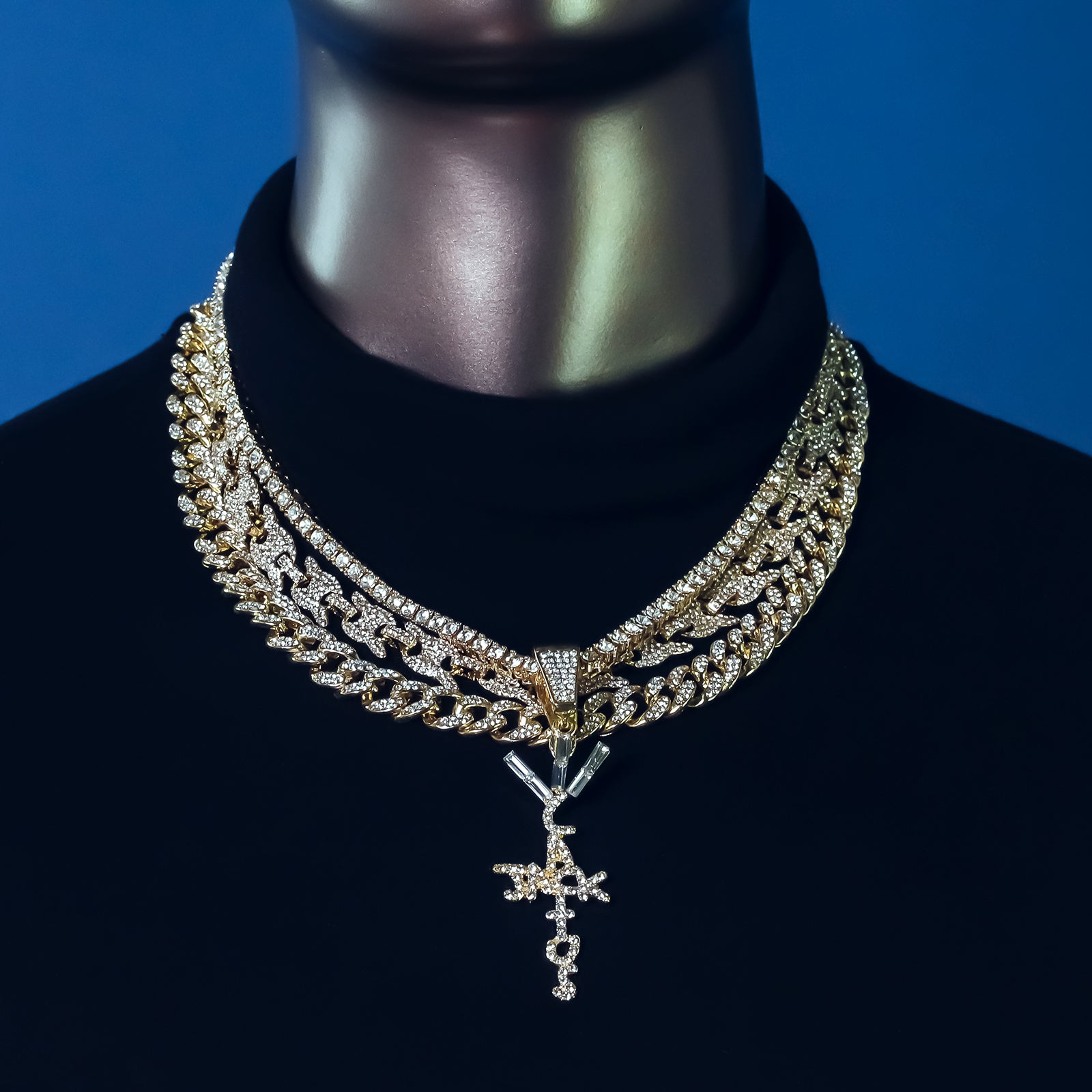 Cactus letter Cross Cz 4 Pcs Set Puffy Mariner Spike Chain, Tennis Chain & Miami Cuban Chain Bundle Gold PT