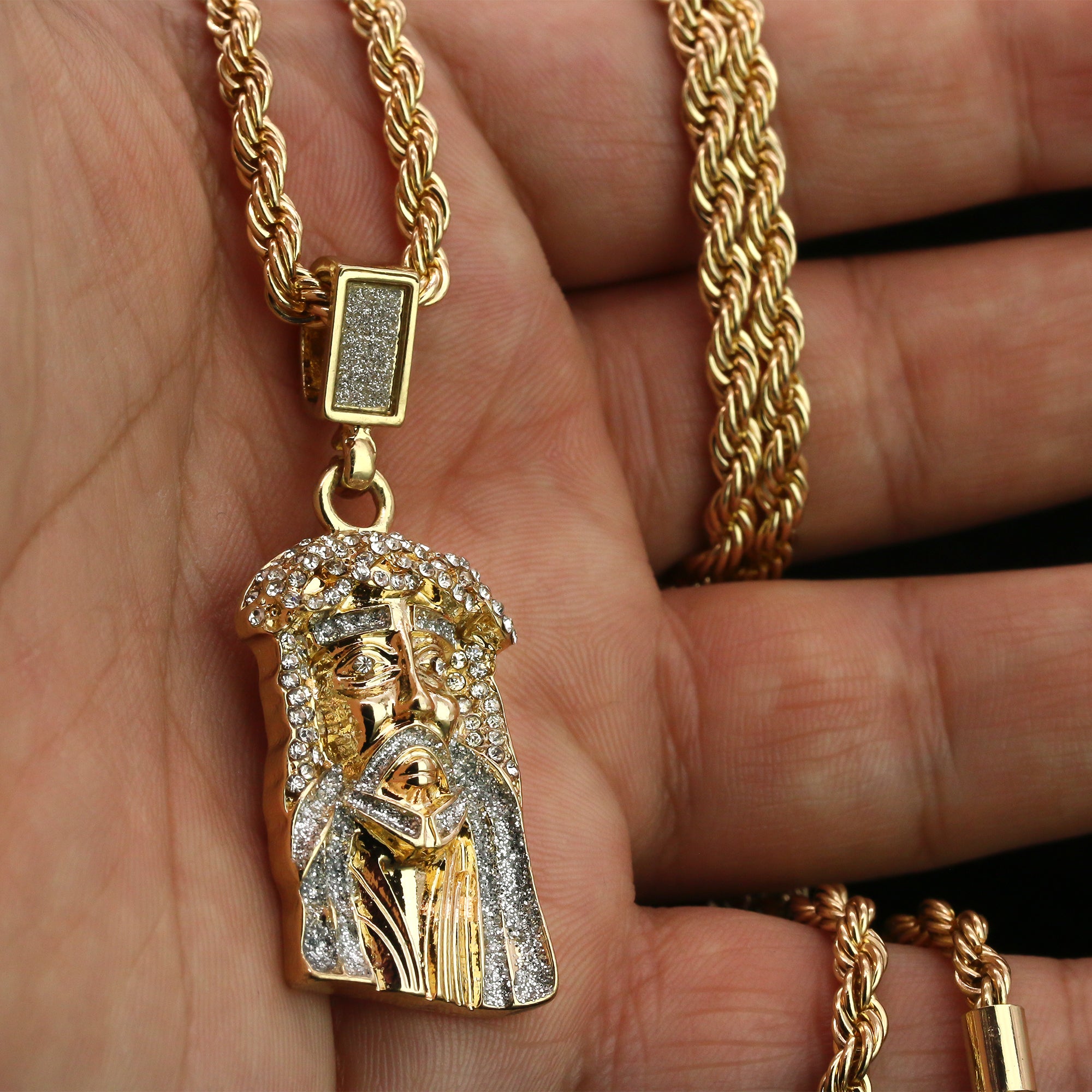 Cz/Stardust Jesus Face Pendant 24" Rope Chain Hip Hop 18k Jewelry Necklace