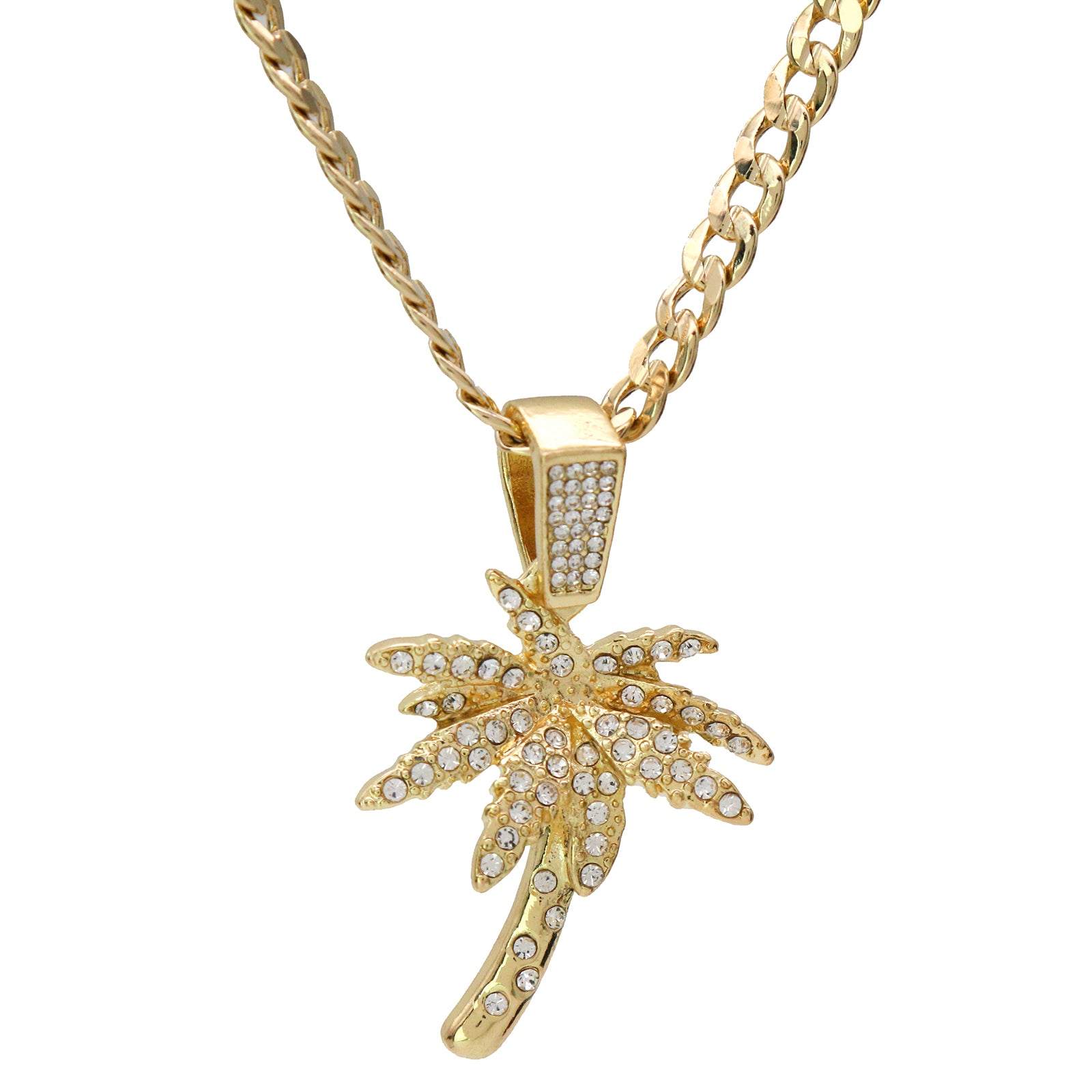 Exquisite Fully Iced West Coast Palm Tree 14k Gold PT Pendant 24" Cuban Chain