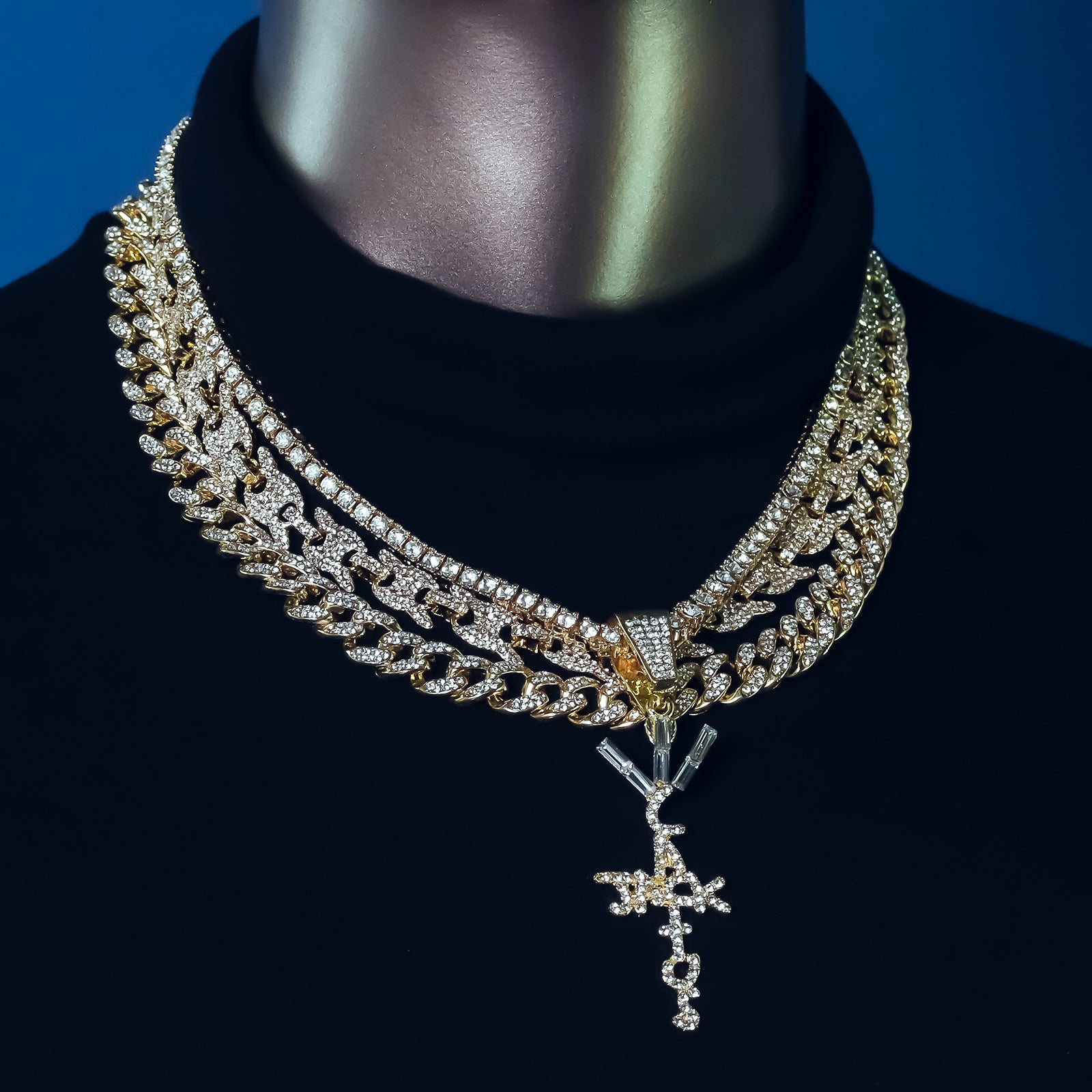 Cactus letter Cross Cz 4 Pcs Set Puffy Mariner Spike Chain, Tennis Chain & Miami Cuban Chain Bundle Gold PT