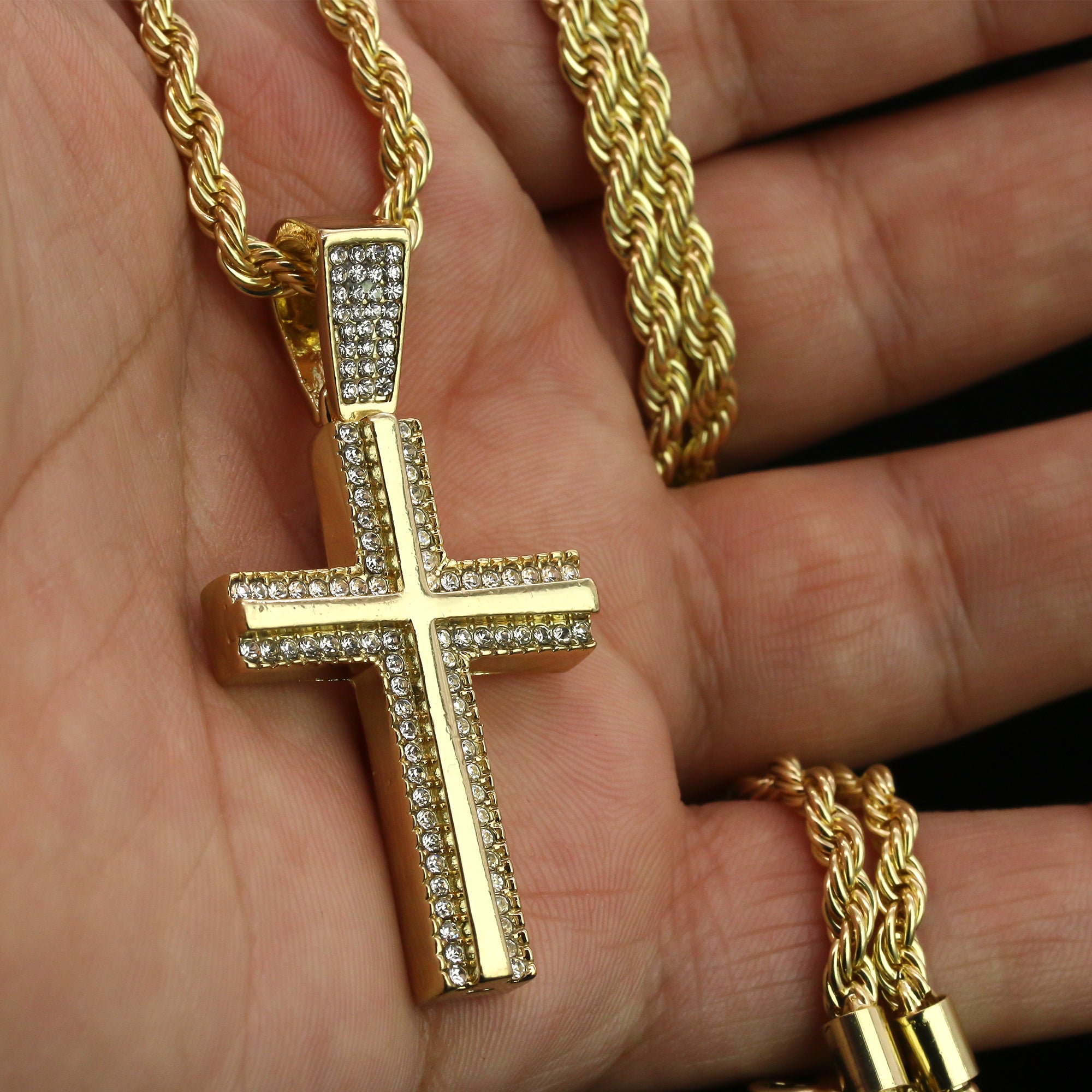 Cz Two Cross Pendant 24" Rope Chain Hip Hop 18k Jewelry Necklace
