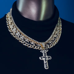 Cactus Cross Cz 4 Pcs Set Puffy Mariner Spike Chain, Tennis Chain & Miami Cuban Chain Bundle Gold PT