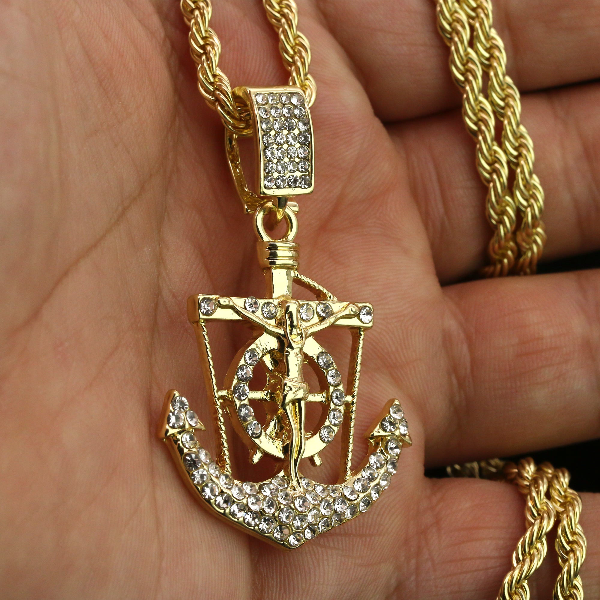 Fully Cz Jesus Anchor Pendant 24" Rope Chain Hip Hop 18k Jewelry Necklace