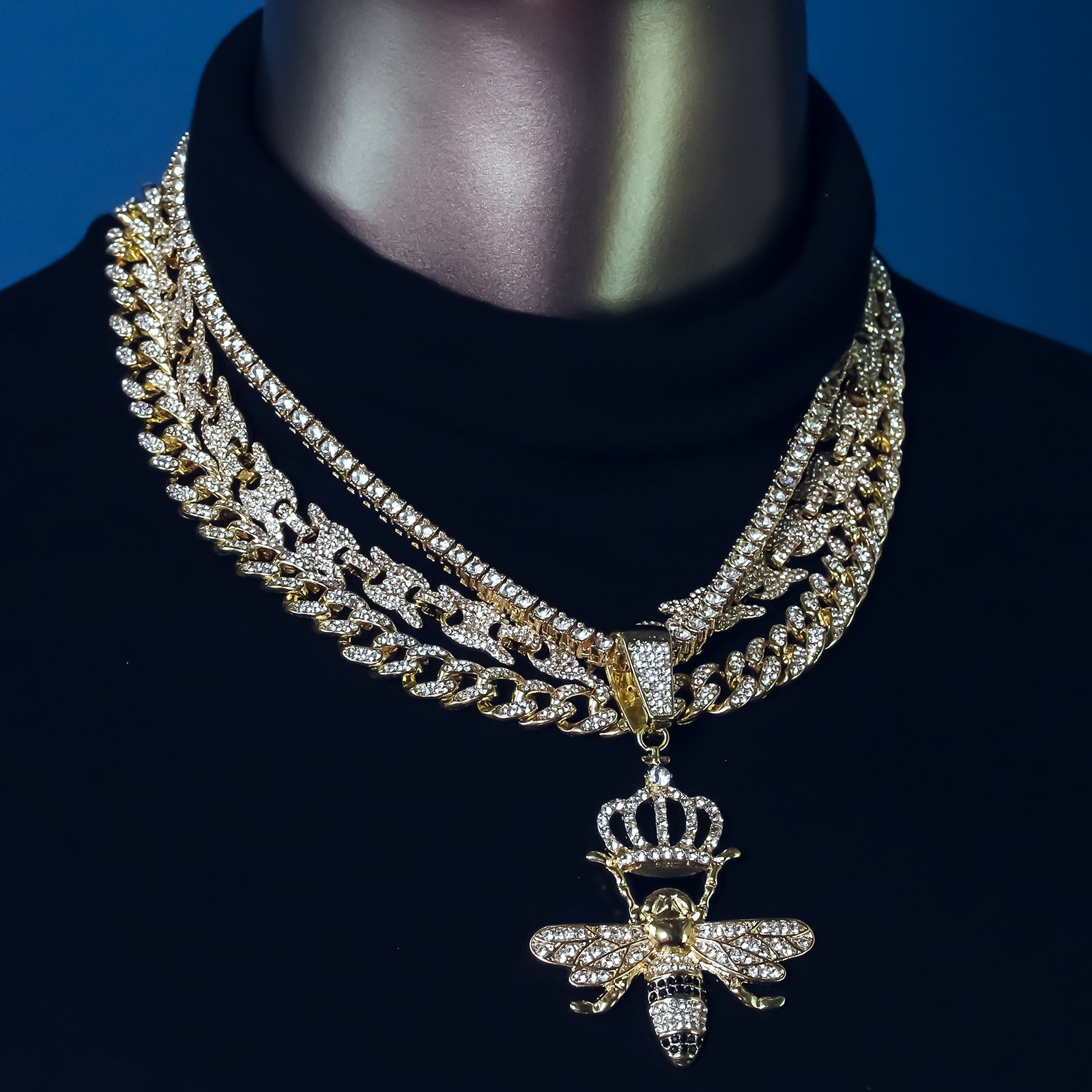 Crown Bee Cz 4 Pcs Set Puffy Mariner Spike Chain, Tennis Chain & Miami Cuban Chain Bundle Gold PT