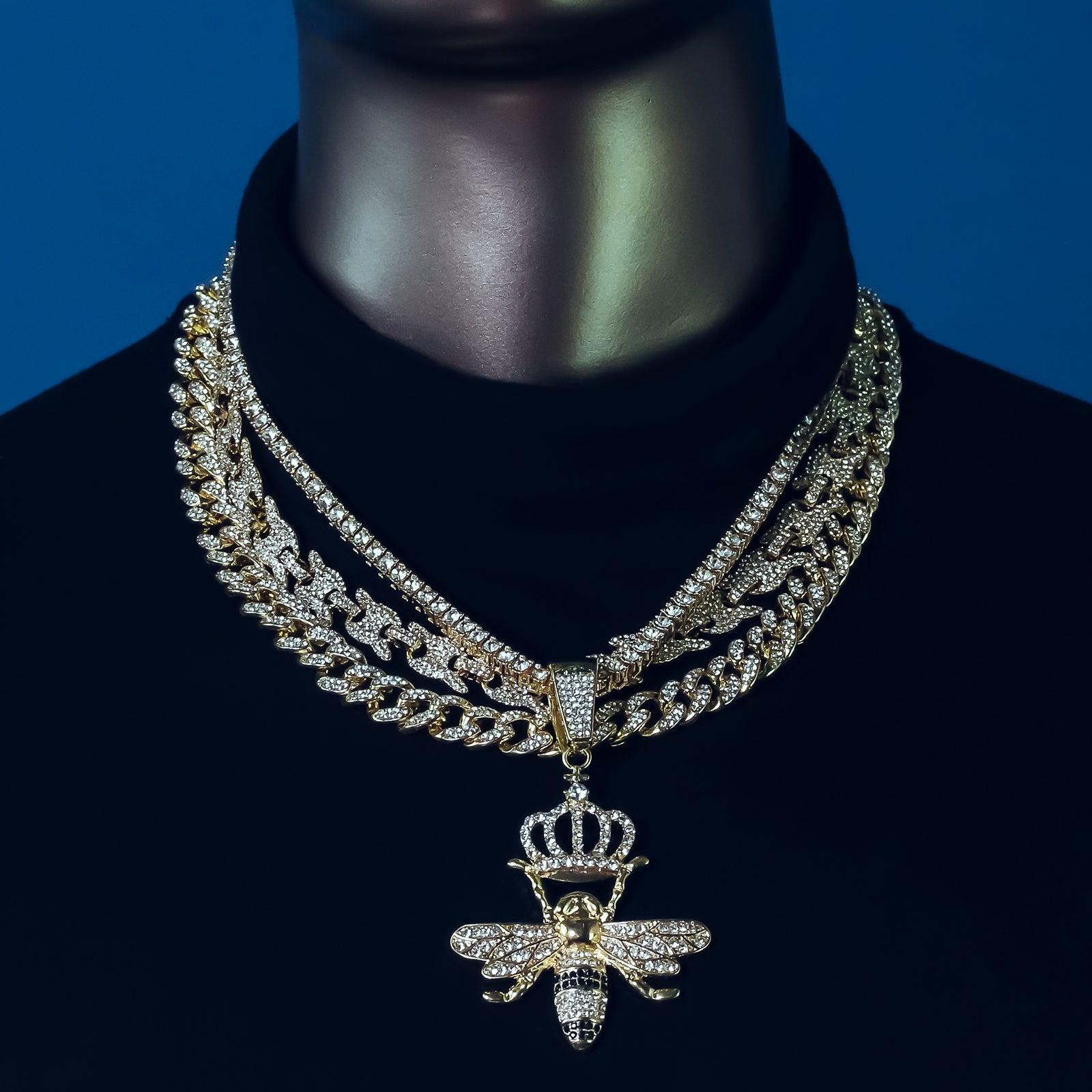 Crown Bee Cz 4 Pcs Set Puffy Mariner Spike Chain, Tennis Chain & Miami Cuban Chain Bundle Gold PT