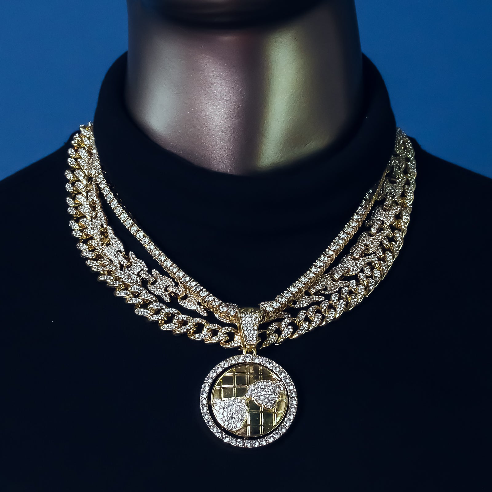 World Spinner Cz 4 Pcs Set Puffy Mariner Spike Chain, Tennis Chain & Miami Cuban Chain Bundle Gold PT