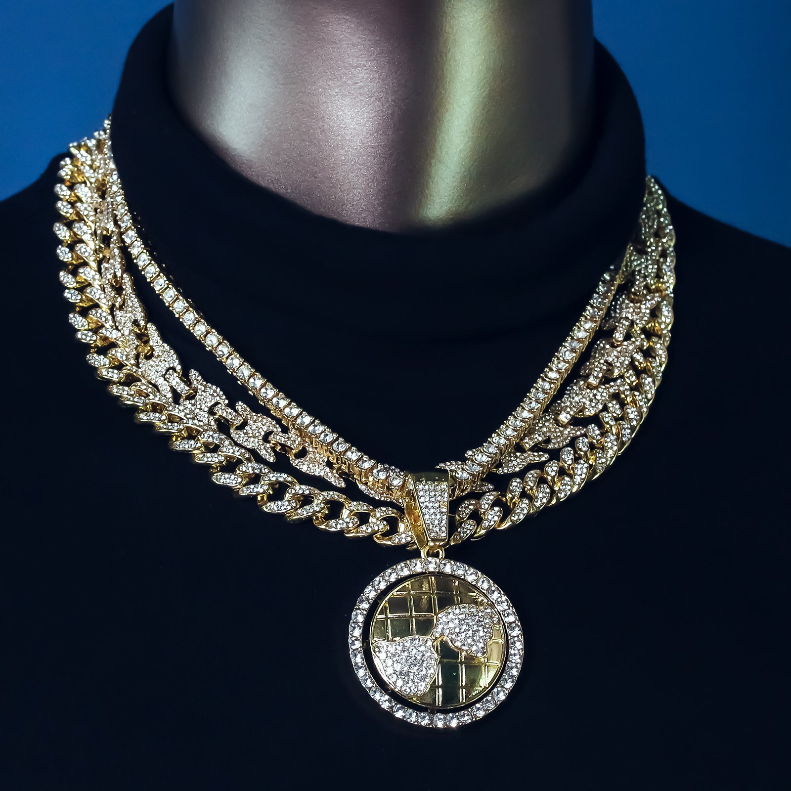 World Spinner Cz 4 Pcs Set Puffy Mariner Spike Chain, Tennis Chain & Miami Cuban Chain Bundle Gold PT