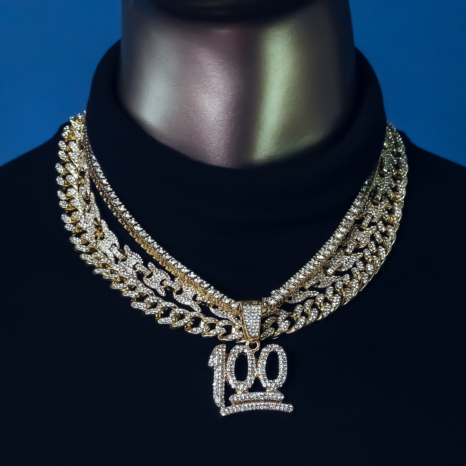 100 Emoji Cz 4 Pcs Set Puffy Mariner Spike Chain, Tennis Chain & Miami Cuban Chain Bundle Gold PT