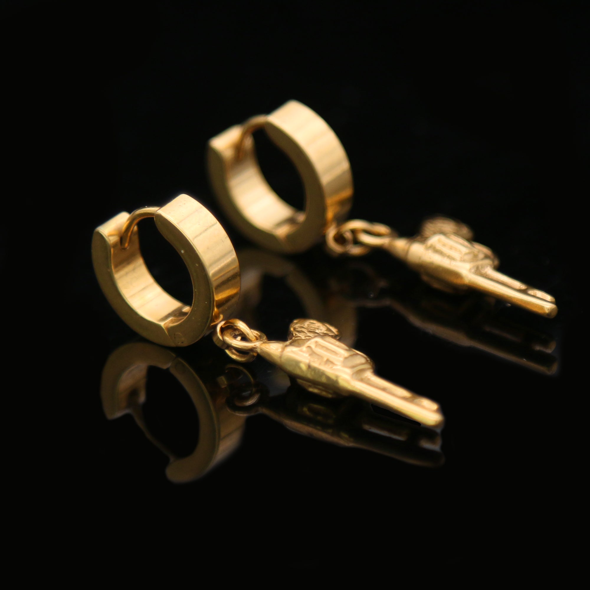 SST Gold Cz Revolver Gun 24" Cuban Chain/Huggie Hoop Revolver Gun Dangle Earring 2pc Set