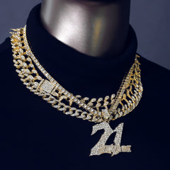 4 Pcs Cz 21 Set Exotic Spike Cuban Chain, Tennis Chain & Miami Cuban Chain Bundle Gold PT