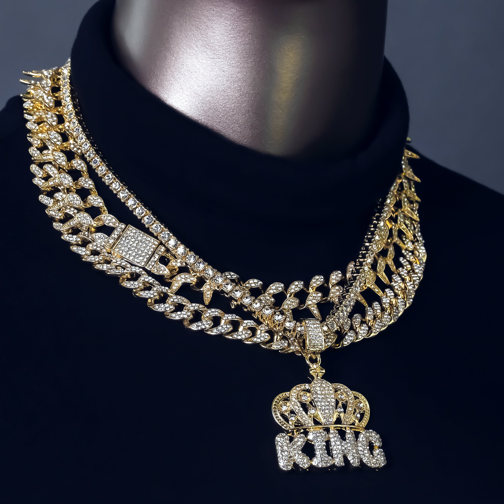 4 Pcs Cz King Crown Set Exotic Spike Cuban Chain, Tennis Chain & Miami Cuban Chain Bundle Gold PT