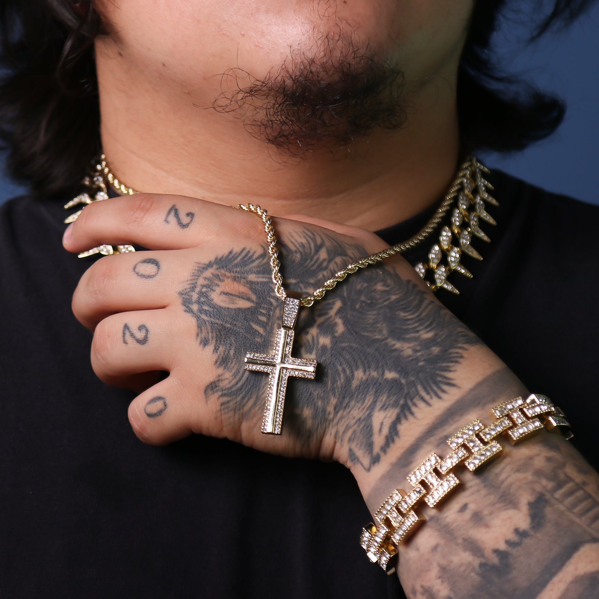 Cz Two Cross Pendant 24" Rope Chain Hip Hop 18k Jewelry Necklace
