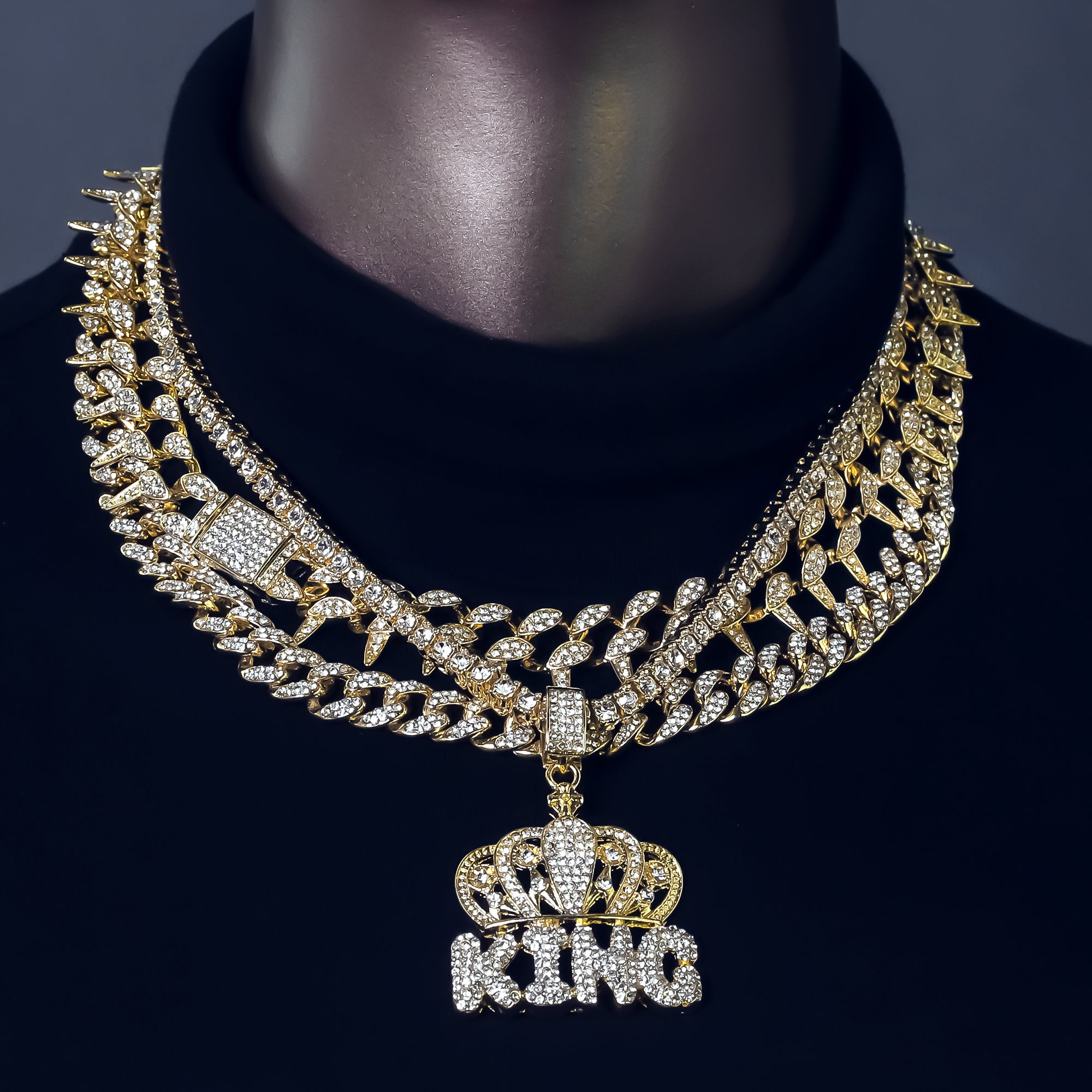 4 Pcs Cz King Crown Set Exotic Spike Cuban Chain, Tennis Chain & Miami Cuban Chain Bundle Gold PT