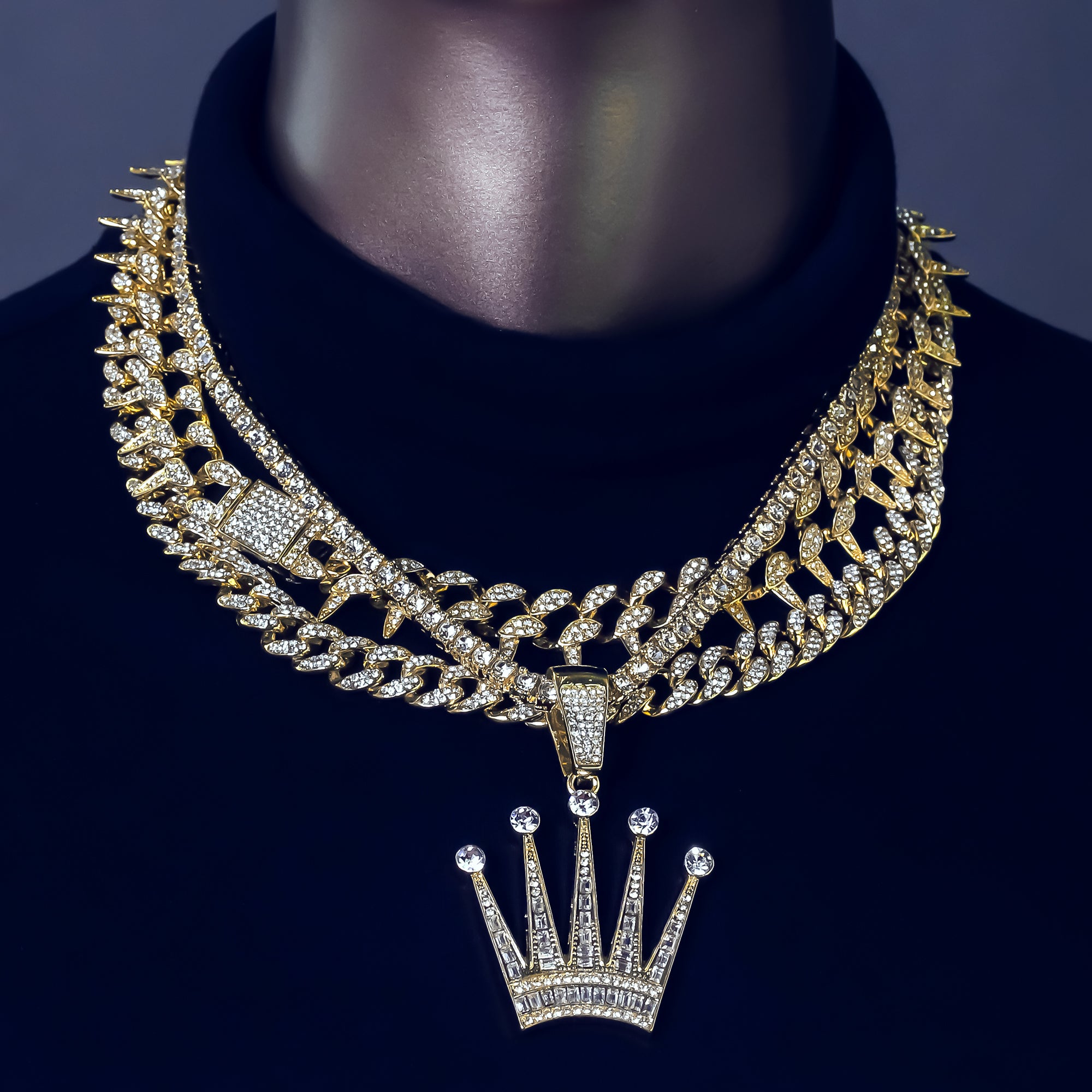 4 Pcs Cz Crown Set Exotic Spike Cuban Chain, Tennis Chain & Miami Cuban Chain Bundle Gold PT