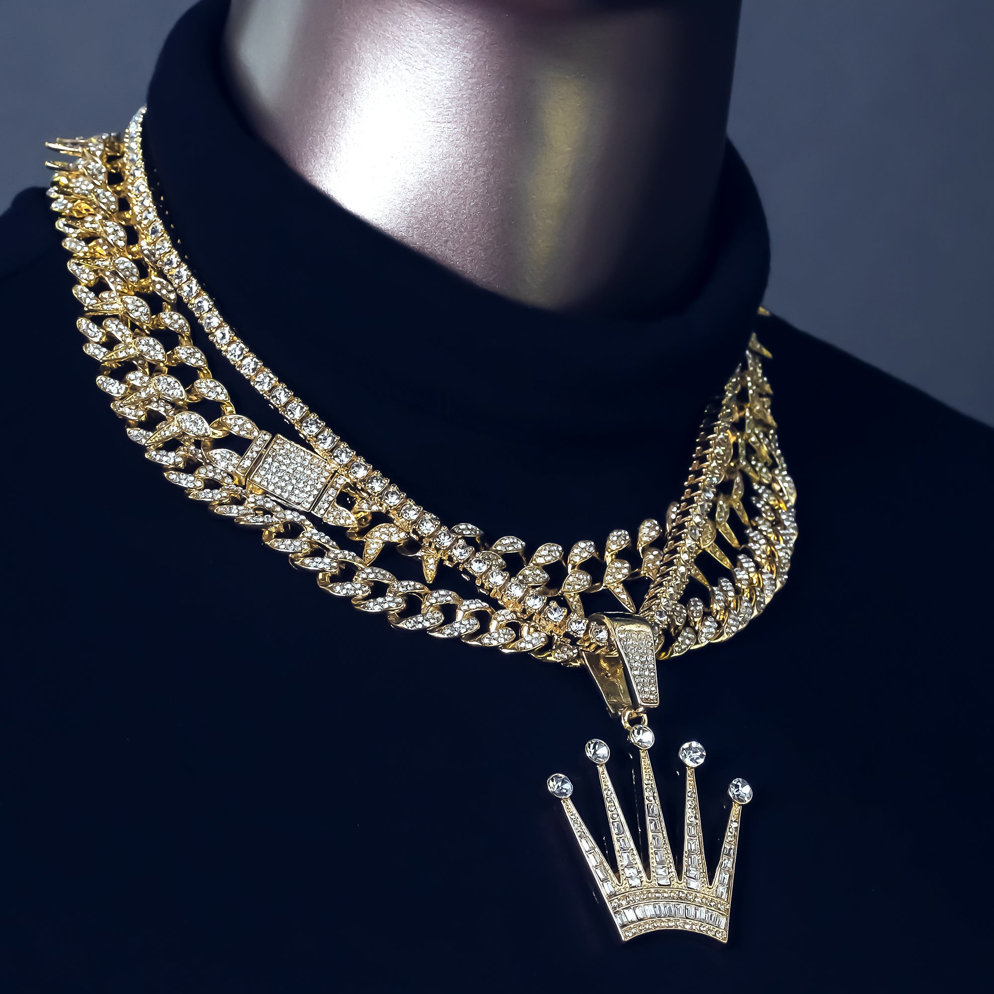 4 Pcs Cz Crown Set Exotic Spike Cuban Chain, Tennis Chain & Miami Cuban Chain Bundle Gold PT