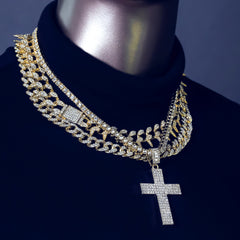 4 Pcs Cz Cross Cubic Cut Set Exotic Spike Cuban Chain, Tennis Chain & Miami Cuban Chain Bundle Gold PT