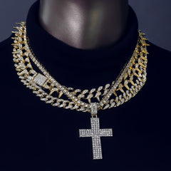 4 Pcs Cz Cross Cubic Cut Set Exotic Spike Cuban Chain, Tennis Chain & Miami Cuban Chain Bundle Gold PT
