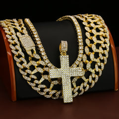 4 Pcs Cz Cross Cubic Cut Set Exotic Spike Cuban Chain, Tennis Chain & Miami Cuban Chain Bundle Gold PT