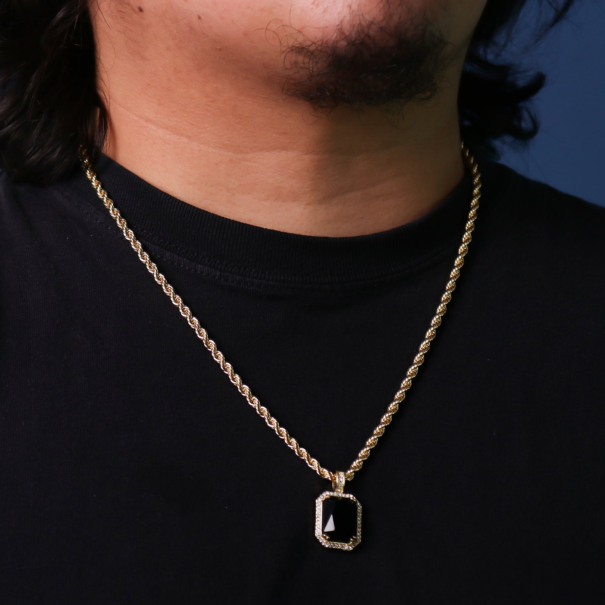 Cz Small Black Ruby Pendant 24" Rope Chain Hip Hop 18k Jewelry Necklace