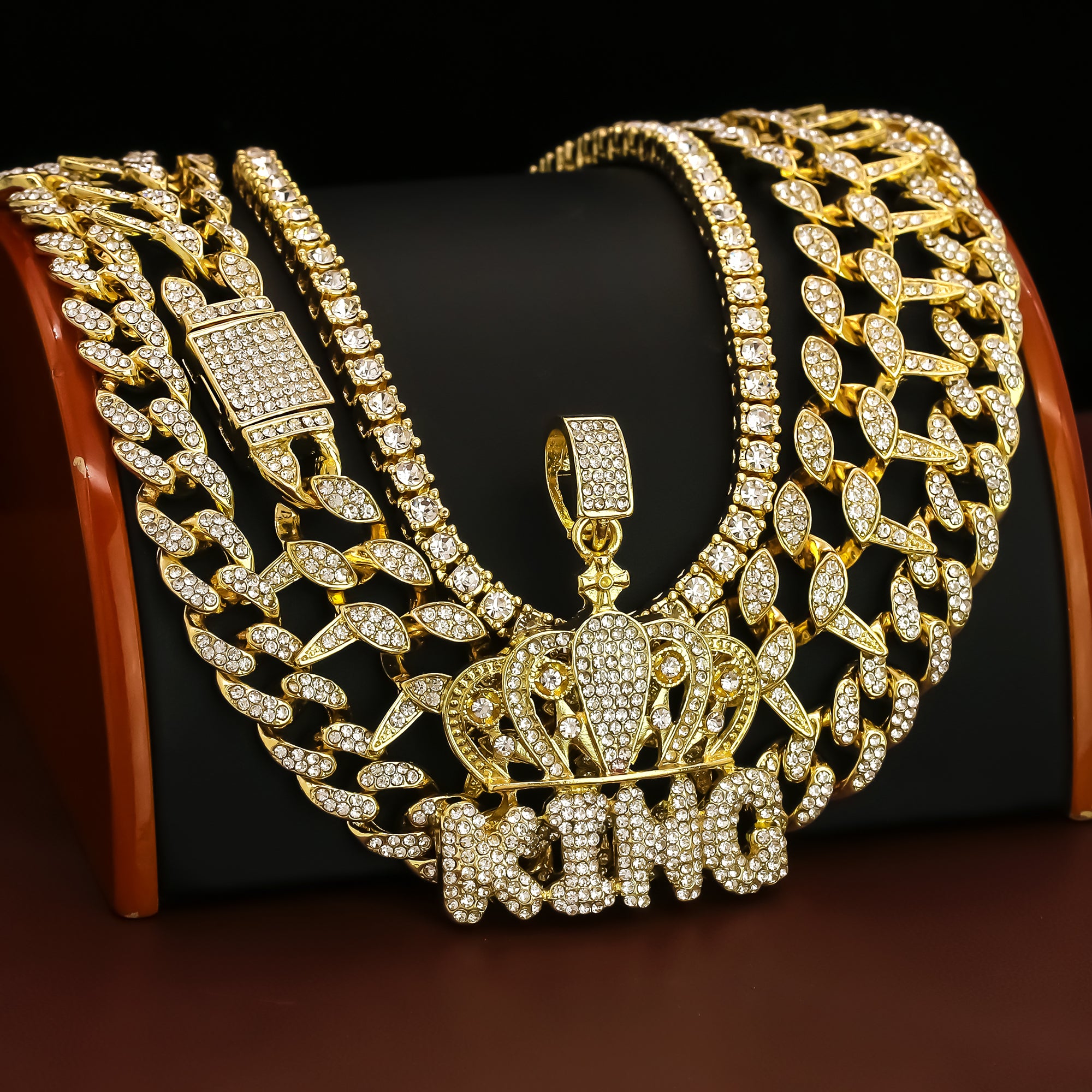 4 Pcs Cz King Crown Set Exotic Spike Cuban Chain, Tennis Chain & Miami Cuban Chain Bundle Gold PT