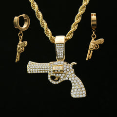 Fully Cz Revolver & Huggie Hoop Revolver Gun Earrings 14k Gold Plated 4mm 24" Rope Chain