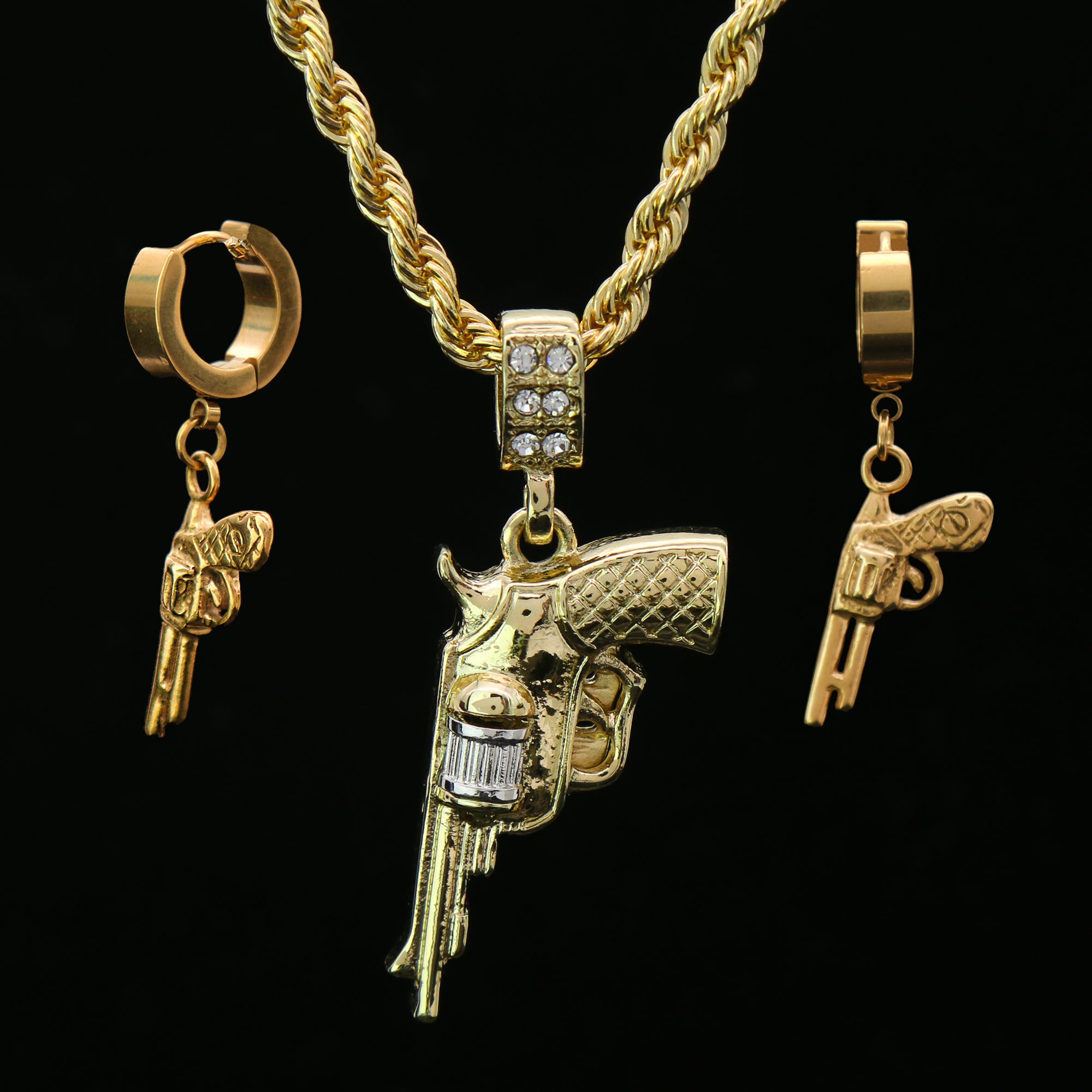 Revolver Gun & Huggie Hoop Revolver Gun Dangle Earrings 14k Gold Plated 4mm 24" Rope