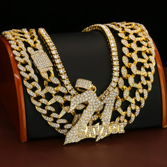 4 Pcs Cz 21 Set Exotic Spike Cuban Chain, Tennis Chain & Miami Cuban Chain Bundle Gold PT