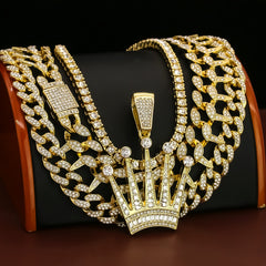 4 Pcs Cz Crown Set Exotic Spike Cuban Chain, Tennis Chain & Miami Cuban Chain Bundle Gold PT