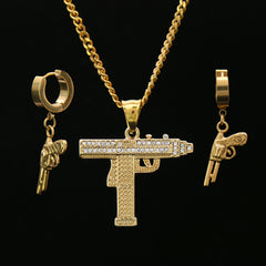 Stainless Steel Gold Uzi Gun 3mm 24" Cuban Chain & Huggie Hoop Revolver Gun Dangle Earrings