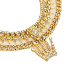 4 Pcs Cz Crown Set Exotic Spike Cuban Chain, Tennis Chain & Miami Cuban Chain Bundle Gold PT