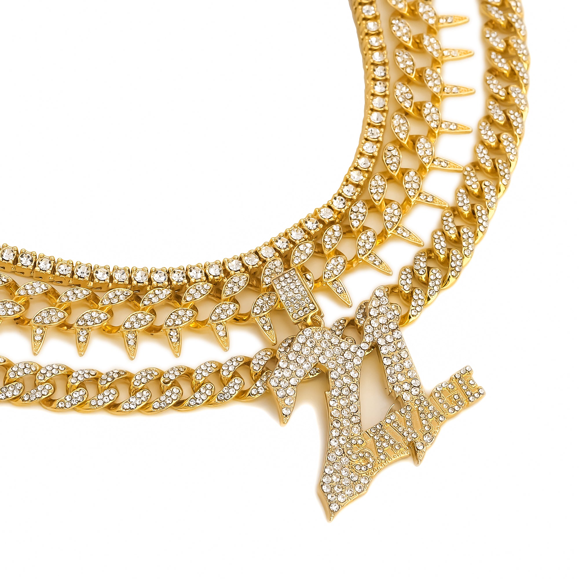 4 Pcs Cz 21 Set Exotic Spike Cuban Chain, Tennis Chain & Miami Cuban Chain Bundle Gold PT