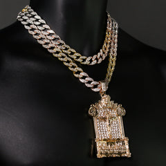 3pc Set Large Jesus Temple Gold Pt 18,20" Fully Cz Hip Hop 3 Tone Cuban Choker Chain