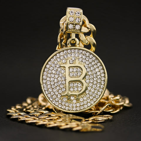 14k Gold Plated Medium Size Cz Bitcoin w/ 10mm 24" Frost Cuban Choker Chain