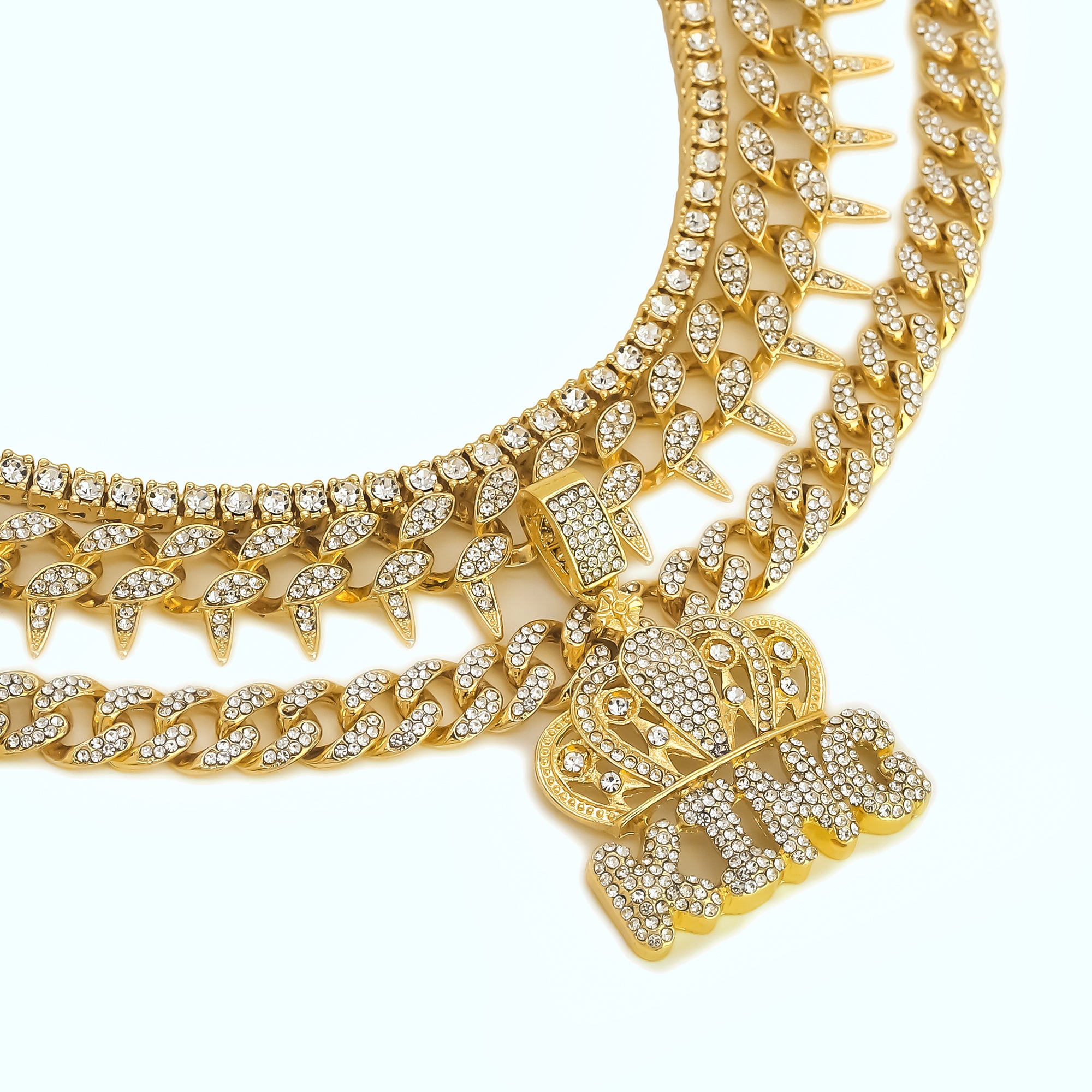 4 Pcs Cz King Crown Set Exotic Spike Cuban Chain, Tennis Chain & Miami Cuban Chain Bundle Gold PT