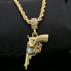 Revolver Gun & Huggie Hoop Revolver Gun Dangle Earrings 14k Gold Plated 4mm 24" Rope