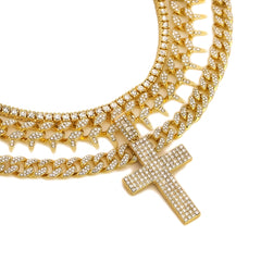 4 Pcs Cz Cross Cubic Cut Set Exotic Spike Cuban Chain, Tennis Chain & Miami Cuban Chain Bundle Gold PT