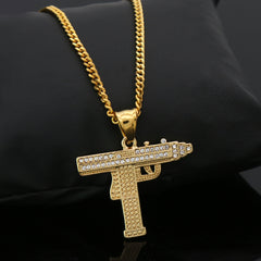 Stainless Steel Gold Uzi Gun 3mm 24" Cuban Chain & Huggie Hoop Revolver Gun Dangle Earrings