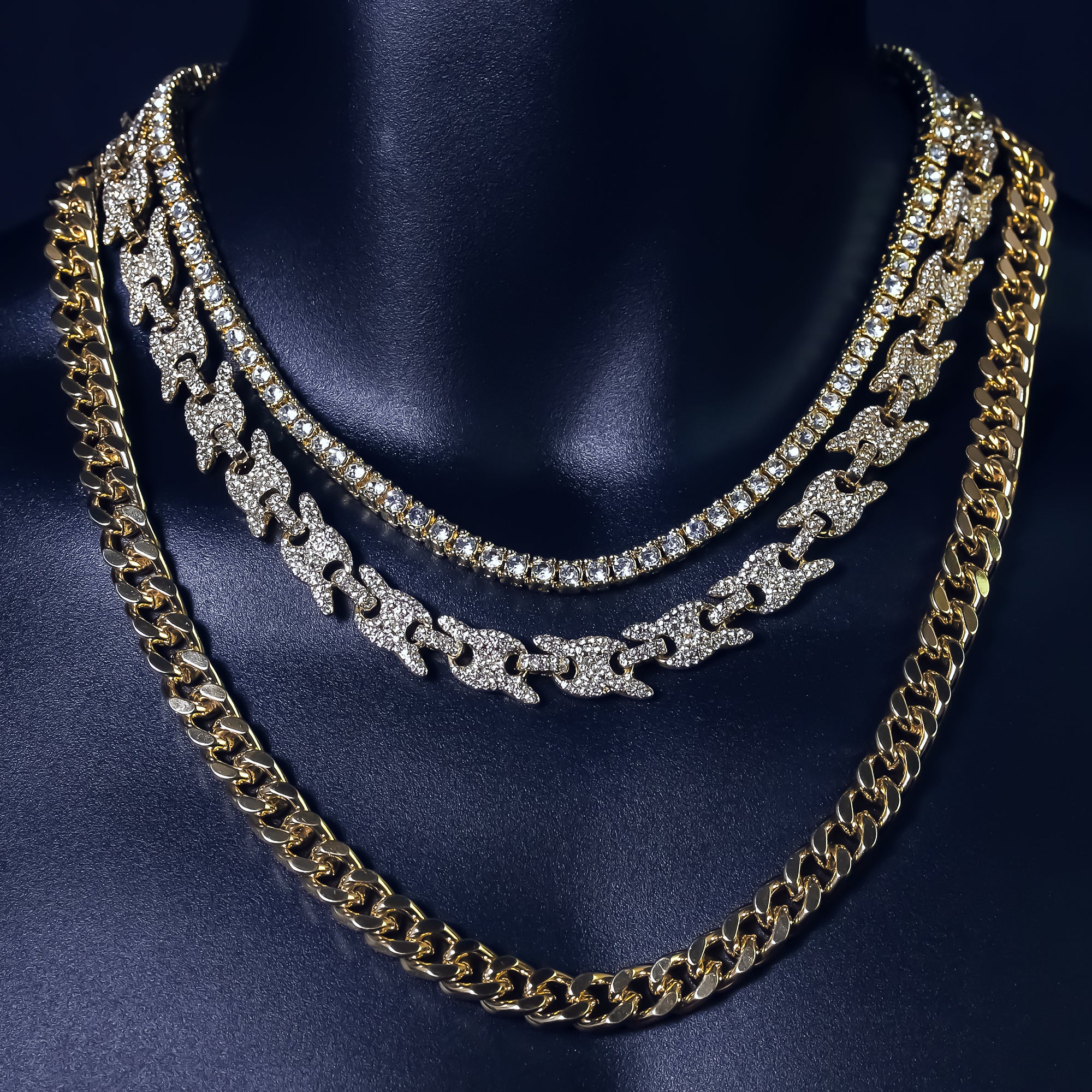 14k Chain 3pcs Bundle 18" Tennis Choker 20" Puff Mariner & 24" Miami Cuban Chain